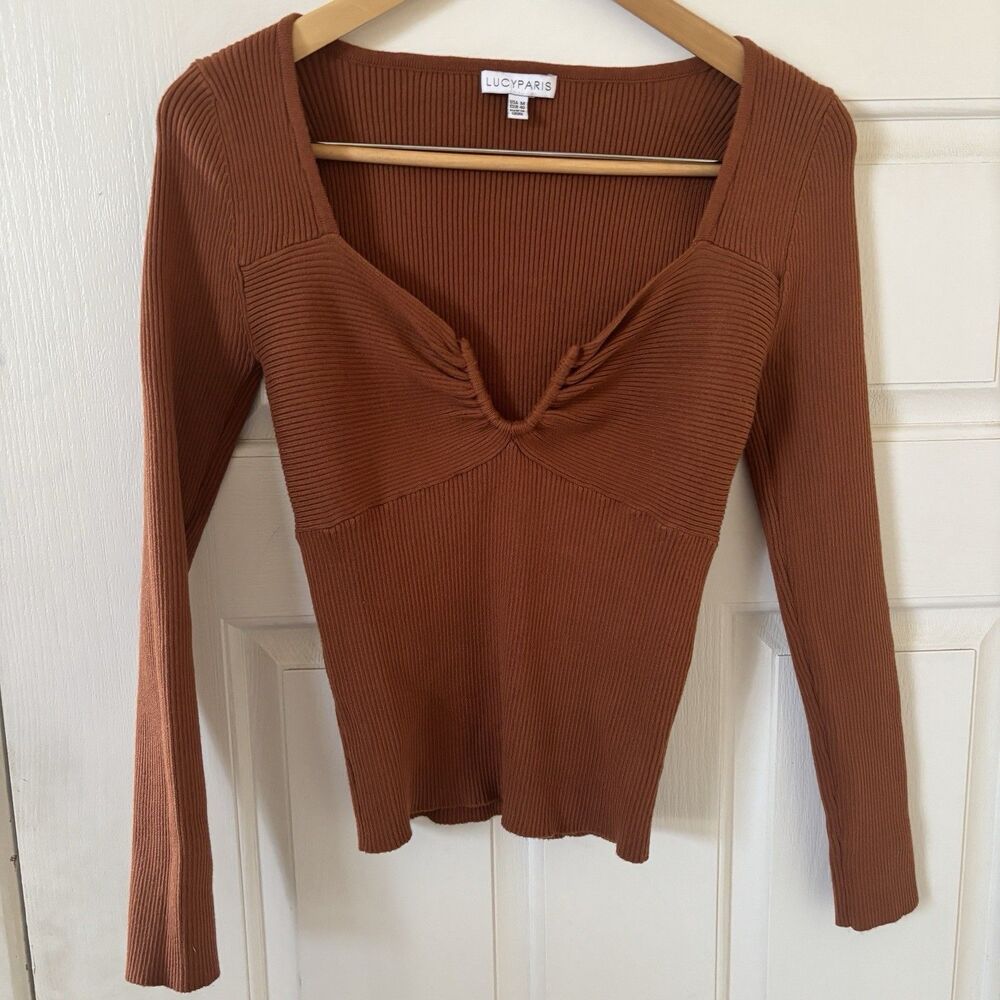 Womens Babydoll Blouse Size Med Brown Ribbed Y2K Bodycon Boho College City Party - Picture 2 of 10
